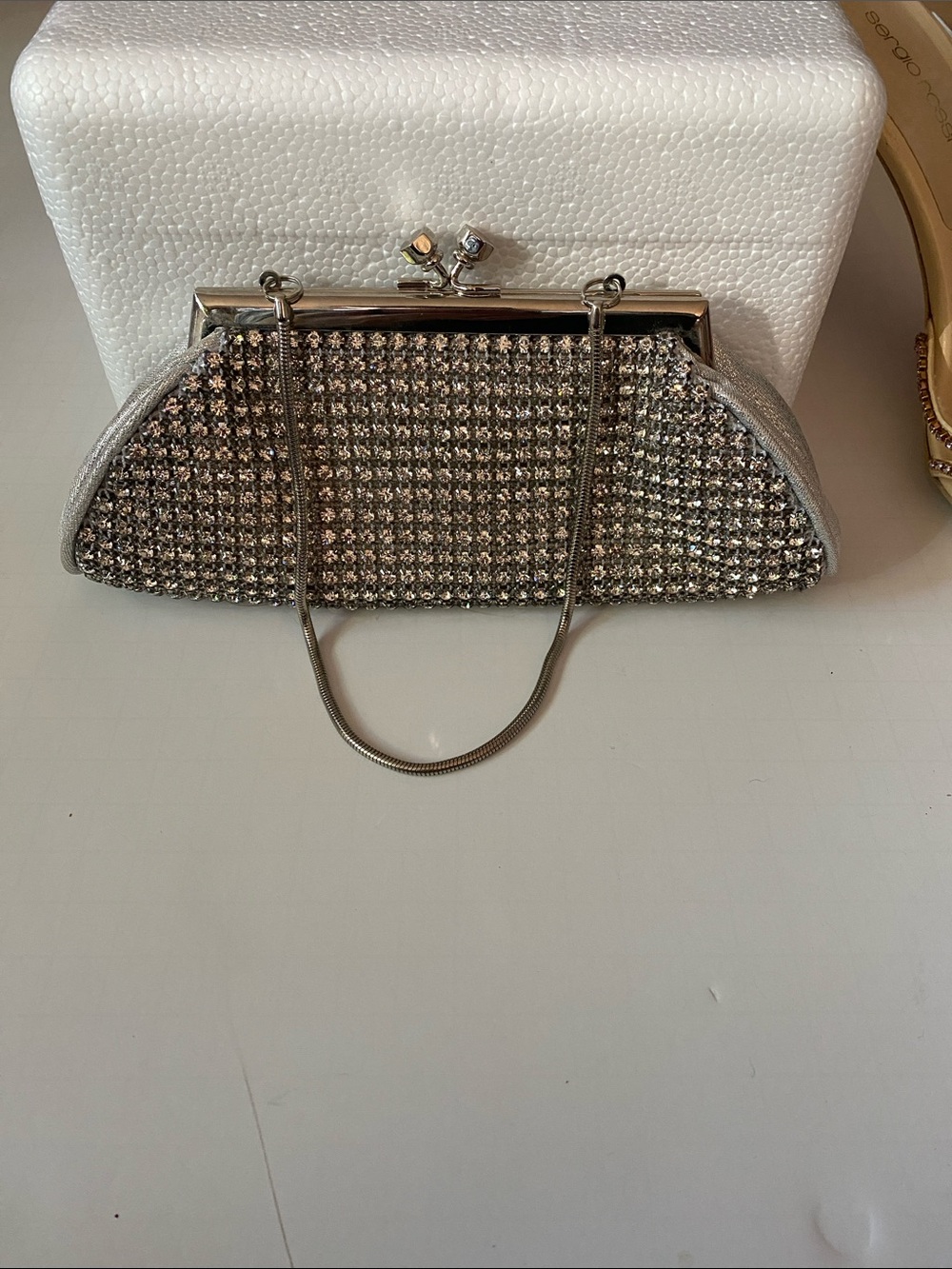 La Regale Silver Crystal Mesh Evening Clutch with Chain